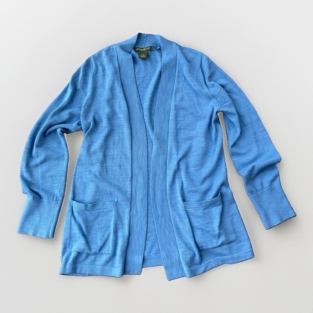 Eddie Bauer Womens L Open Front Cardigan Sweater Blue Knit Pockets Long Sleeve